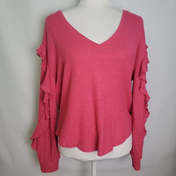 Anthropologie Pilcro Ruffle Sleeve Waffle Knit Sweater Size Medium - Picture 2 of 8